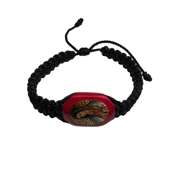 Our Lady of Guadalupe Bracelet Black Knotted Rope Red Wood Charm Adjustable NEW - Picture 2 of 2